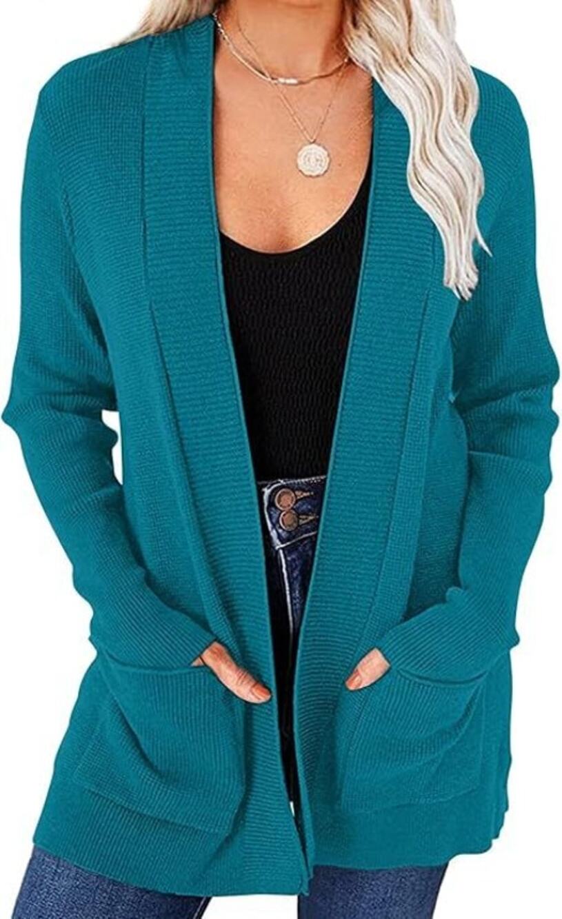 Merokeety Open Waffle-Knit Cardigan Front Pockets Teal Size M